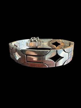 Taxco Mexico Sterling Silver Geometric Cutout Link Bracelet Eagle Mark 43g 6.75